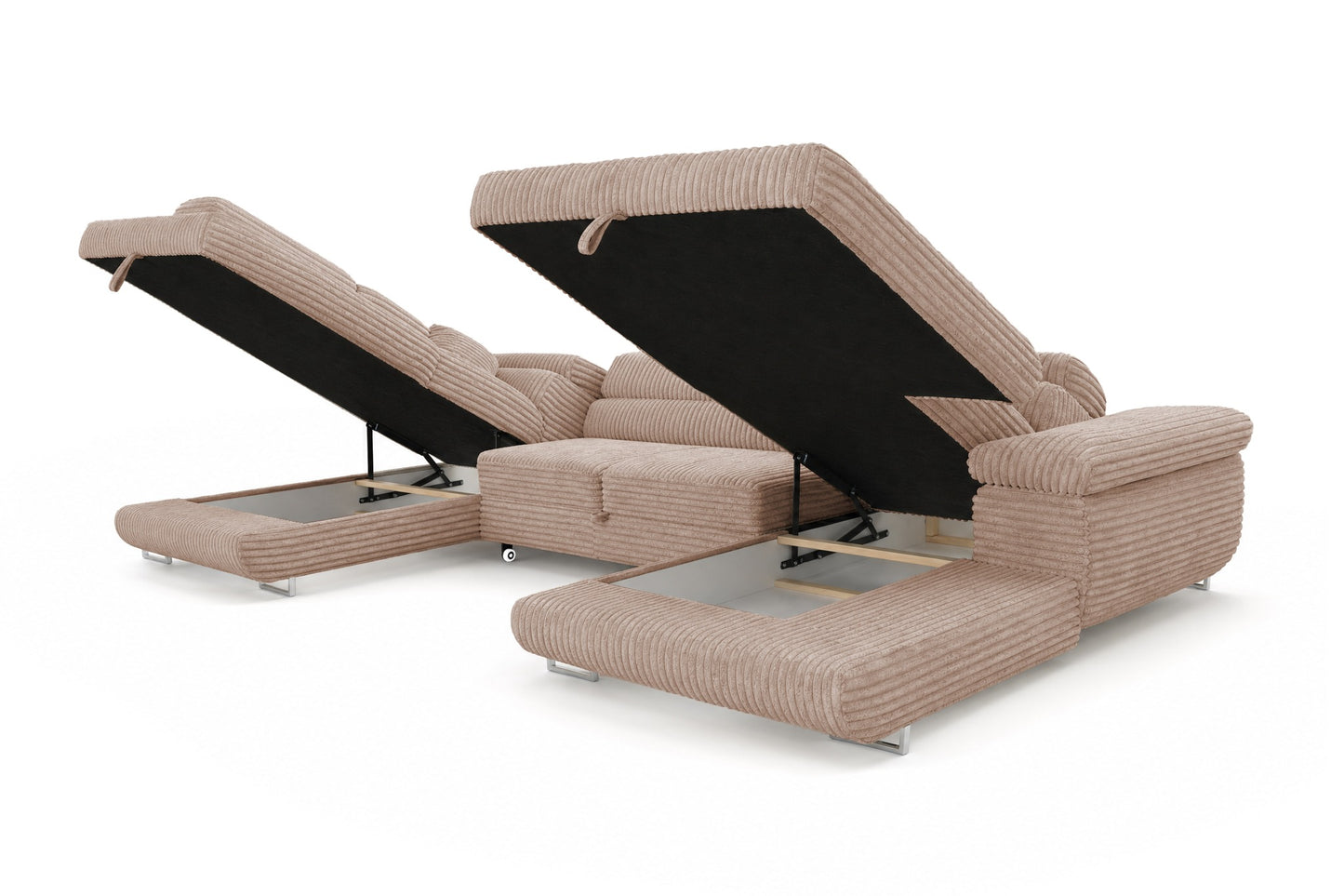 Wohnlandschaft Cordo U XXL U-Form Sofa mit Schlaffunktion & 2 Bettkästen – Breitcord Tilia Beige – Ottomane Links