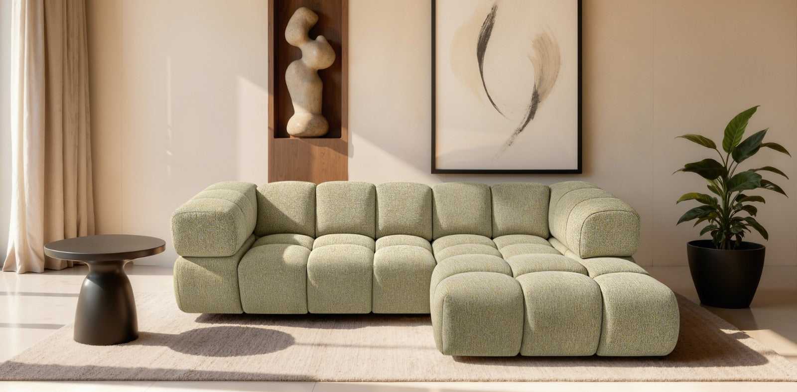 Ecksofa AVERRO 280x150 cm Puente 41 Senfgelb Ottomane RECHTS – Modernes Bubble-Sofa mit weichem Chenille-Strukturstoff