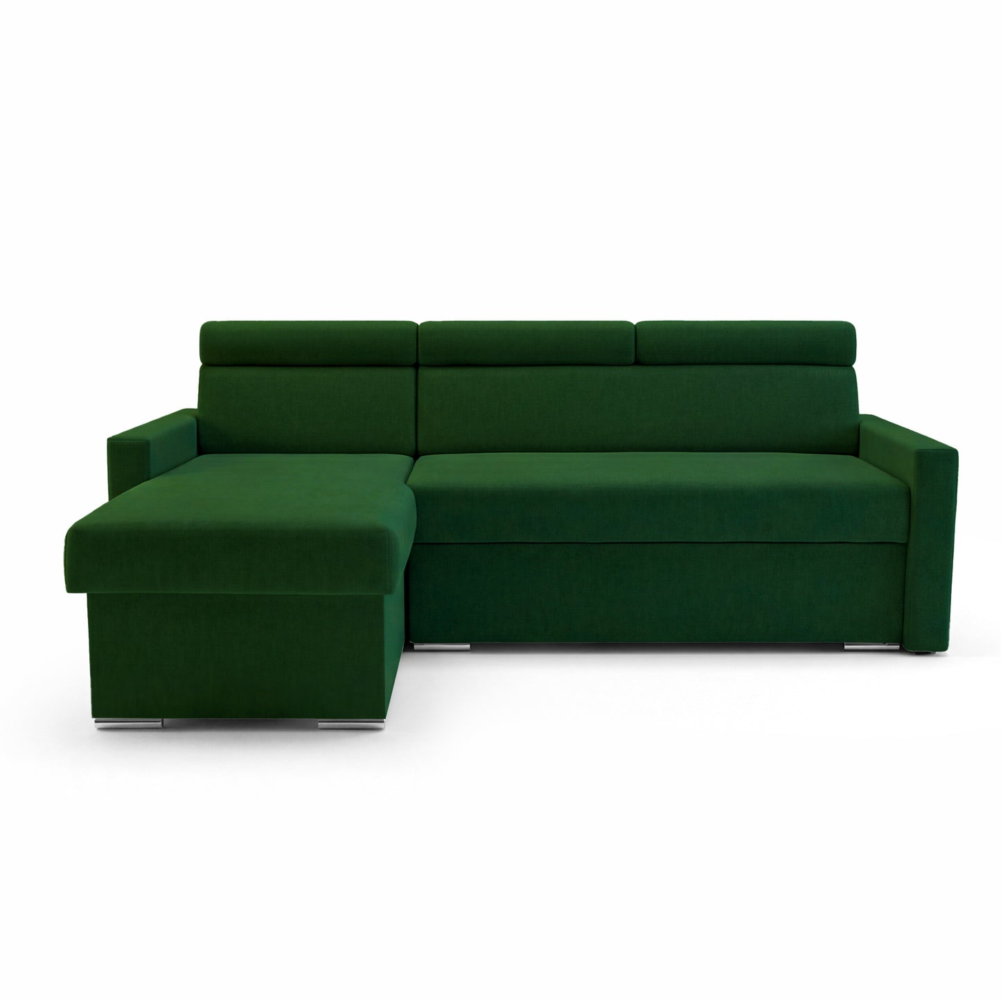 Ecksofa Vega L mit Schlaffunktion & Bettkasten – Samtstoff Best Flaschengrün – Zero-Wall Design Wandbündig – L-Form Sofa Freistehend Flaschengrün