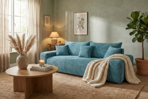 Sofa CORDO von Sofiland – Schlafsofa mit Bettkasten, Cord-Sofa 265x105 cm, Blau 75