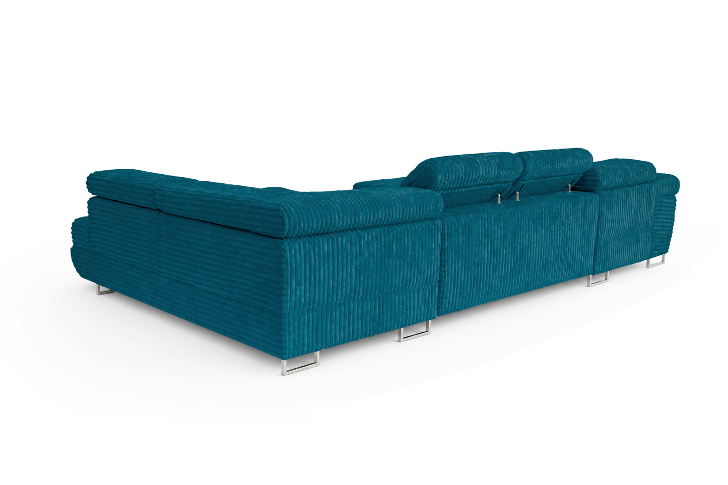 Wohnlandschaft Cordo U XXL U-Form Sofa mit Schlaffunktion & 2 Bettkästen – Breitcord Tilia Türkis – Ottomane Rechts