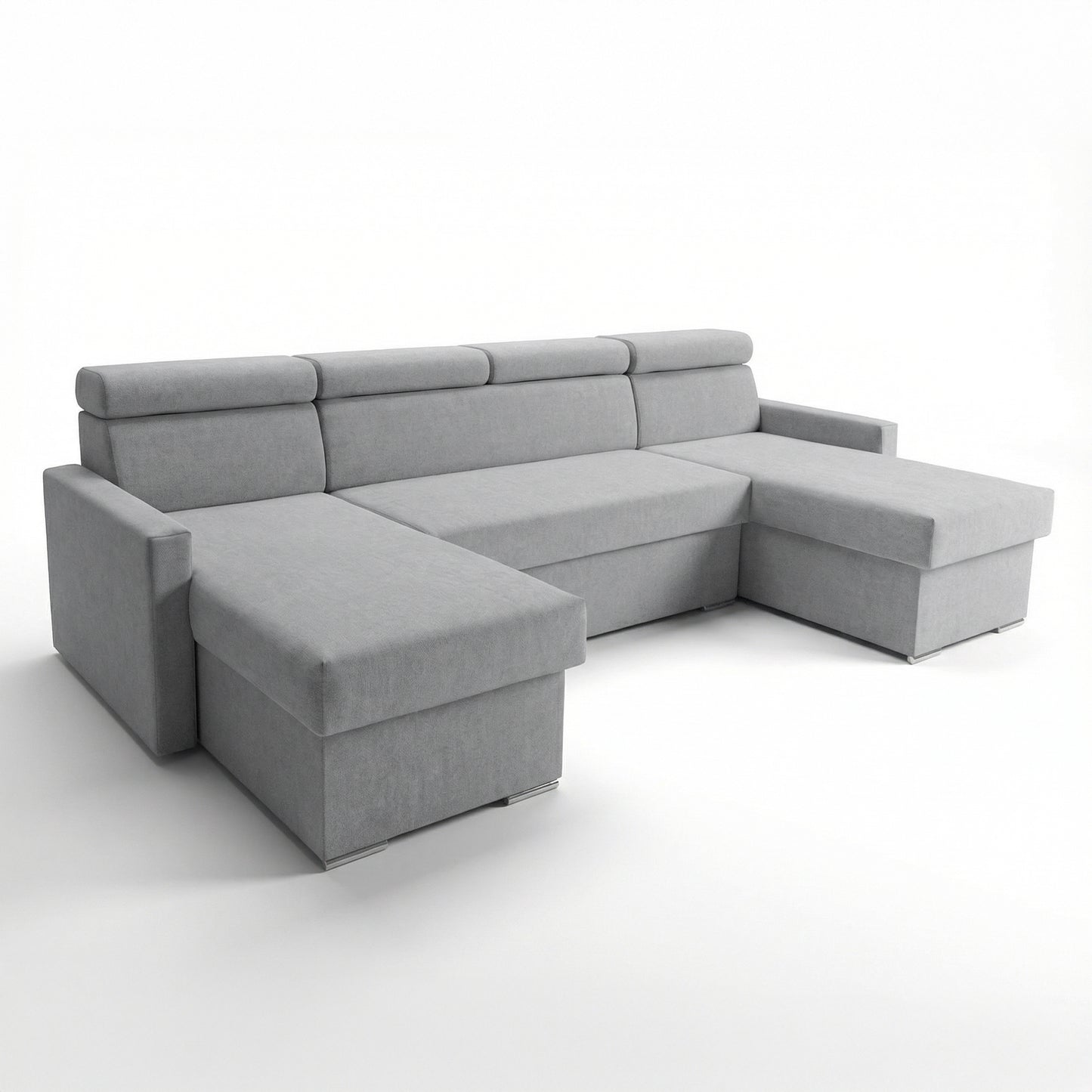 Vega U Wohnlandschaft mit Schlaffunktion und 2 Bettkasten Ecksofa in U-Form Verstellbare Kopfstützen Samt-Stoff Best 305x151 cm (Hellgrau)