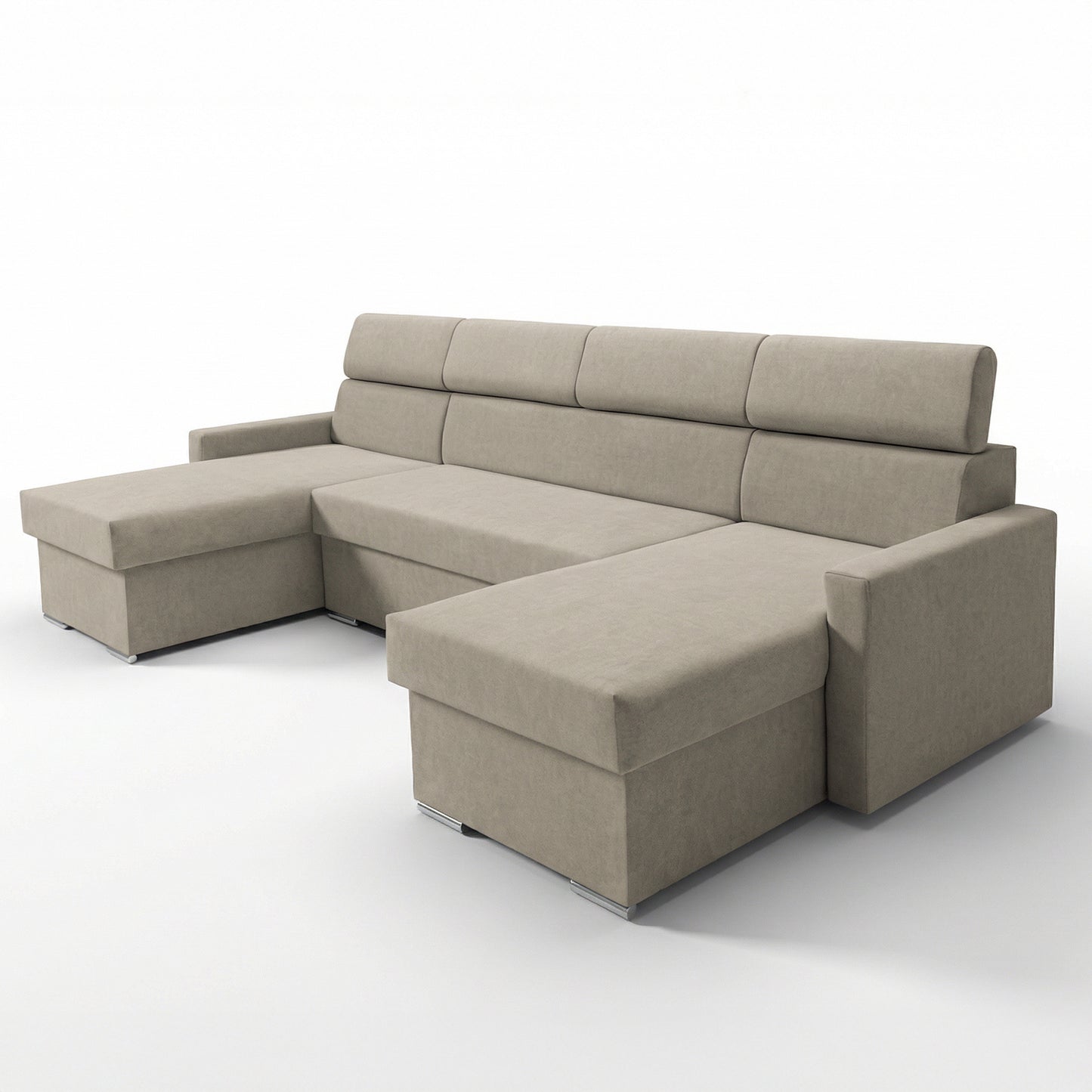 Vega U Wohnlandschaft mit Schlaffunktion und 2 Bettkästen Ecksofa in U-Form Verstellbare Kopfstützen Samtstoff Best 305x151 cm (Beige)