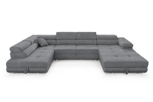Wohnlandschaft Cordo U XXL U-Form Sofa mit Schlaffunktion & 2 Bettkästen – Breitcord Tilia Grau – Ottomane Links