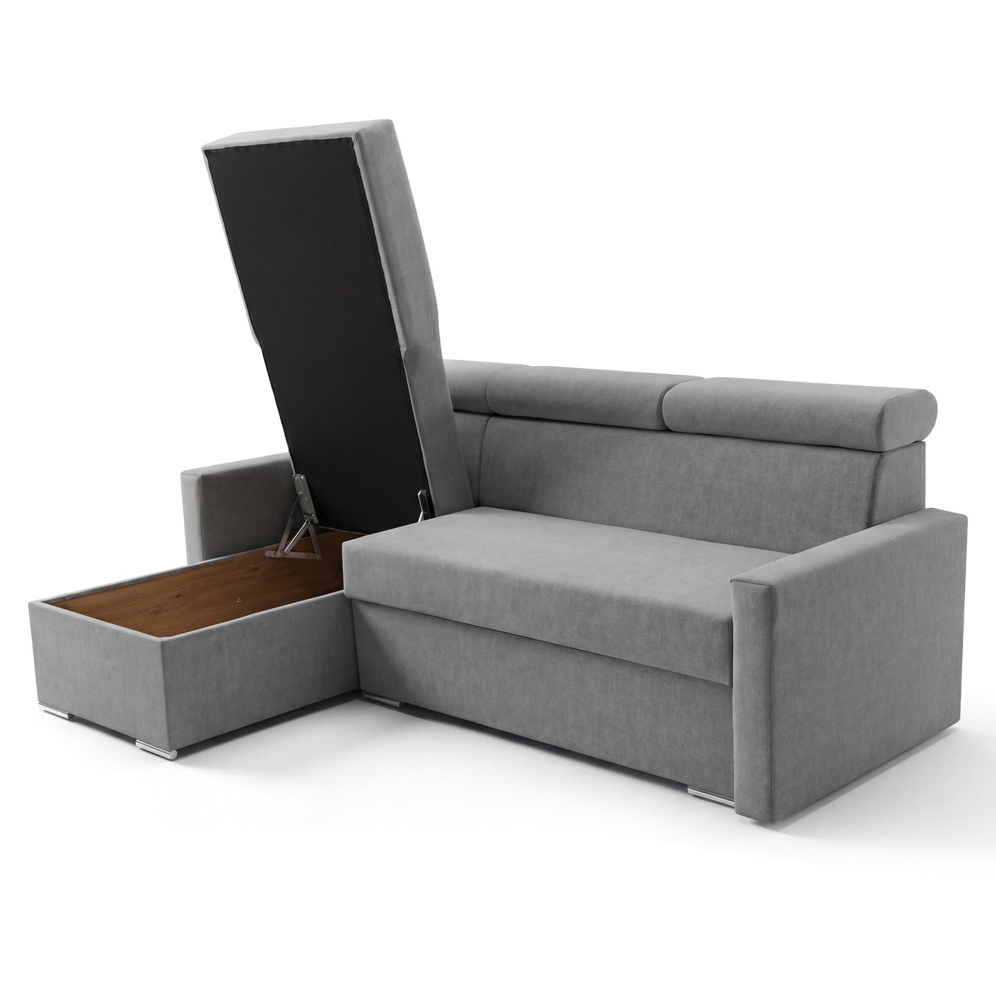 Ecksofa Vega L mit Schlaffunktion & Bettkasten – Samtstoff Best Stahlfarbe – Zero-Wall Design Wandbündig – L-Form Sofa Freistehend