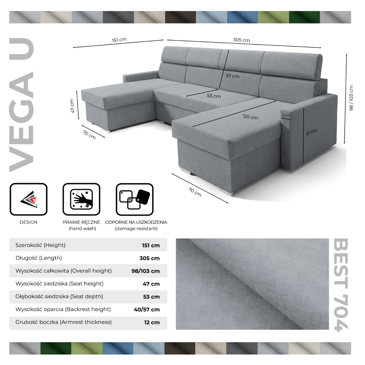 Vega U-Ecksofa nach Maß | Breite anpassbar | Schlaffunktion 2 Bettkästen U-Form verstellbare Kopfstützen Samtstoff Best 305x151 cm (Grau)