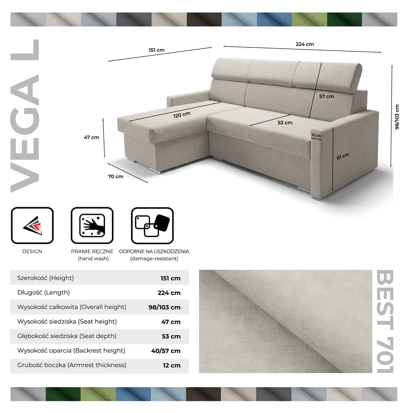 Ecksofa Vega L mit Schlaffunktion & Bettkasten – Samtstoff Best Hellbeige – Zero-Wall Design Wandbündig – L-Form Sofa Freistehend