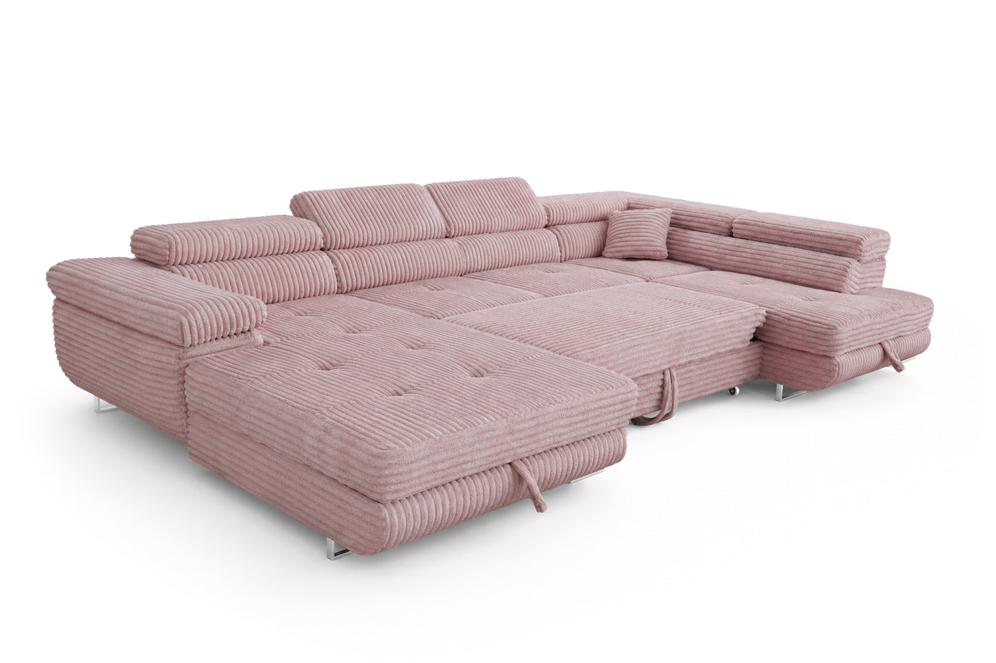 Wohnlandschaft Cordo U XXL U-Form Sofa mit Schlaffunktion & 2 Bettkästen – Breitcord Tilia Altrosa– Ottomane Rechts