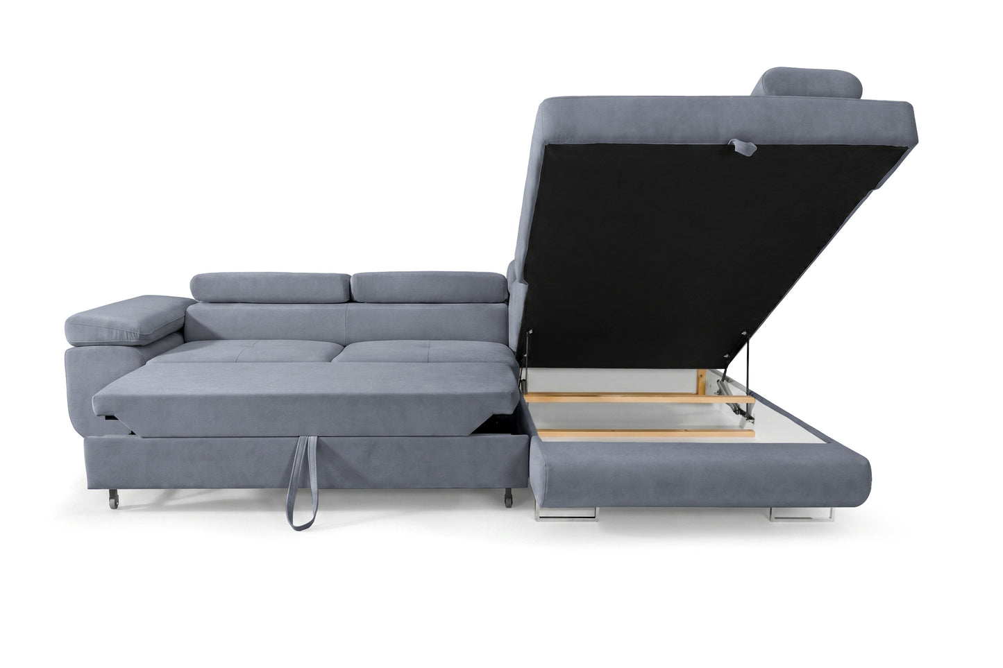 Ecksofa Luca L-Form Grau Stoff Element 23 rechte Ottomane mit Schlaffunktion & Bettkasten