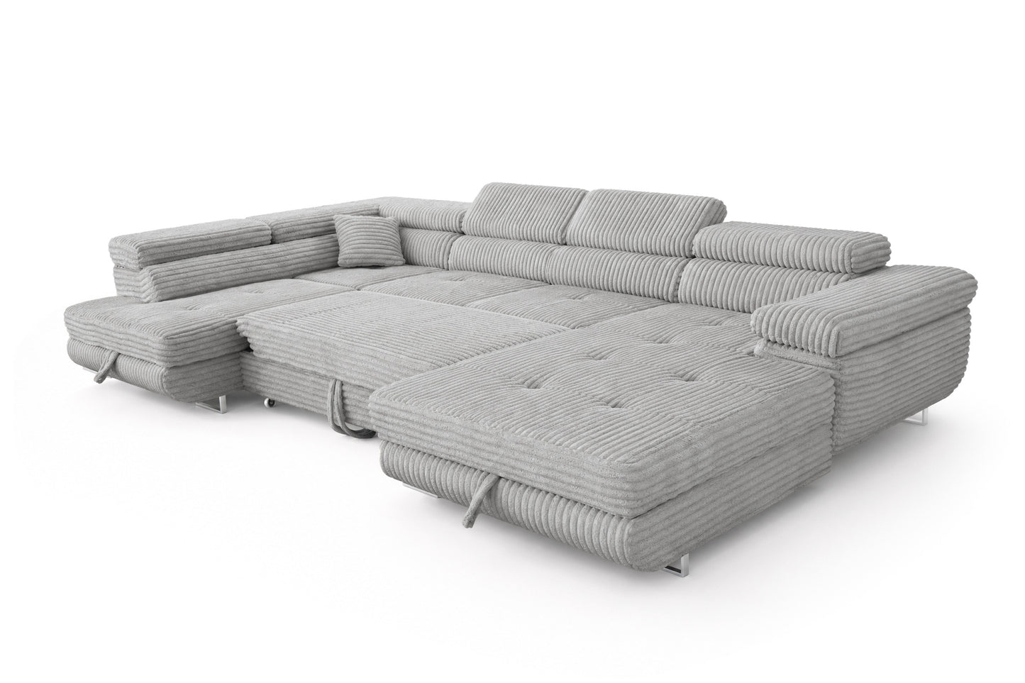 Wohnlandschaft Cordo U XXL U-Form Sofa mit Schlaffunktion & 2 Bettkästen – Breitcord Tilia Hellgrau – Ottomane Links