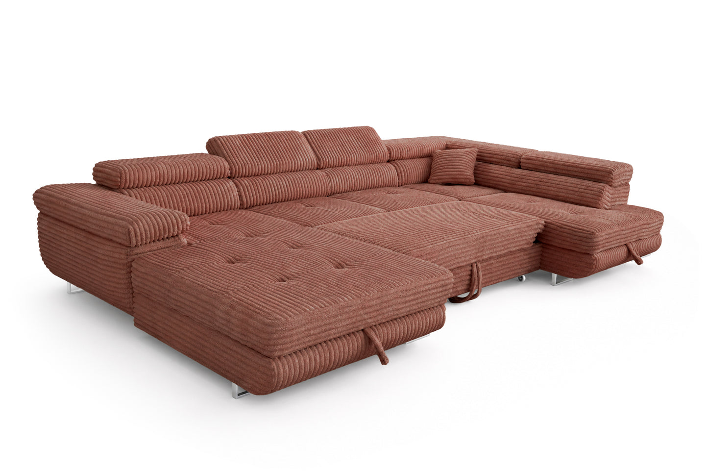 Wohnlandschaft Cordo U XXL U-Form Sofa mit Schlaffunktion & 2 Bettkästen – Breitcord Tilia Terrakotta – Ottomane rechts