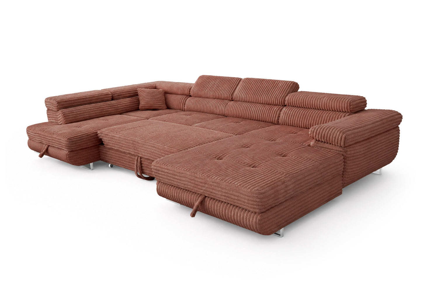 Wohnlandschaft Cordo U XXL U-förmiges Sofa mit Schlaffunktion & 2 Bettkästen – Breitcord Tilia Terrakotta – Ottomane Links