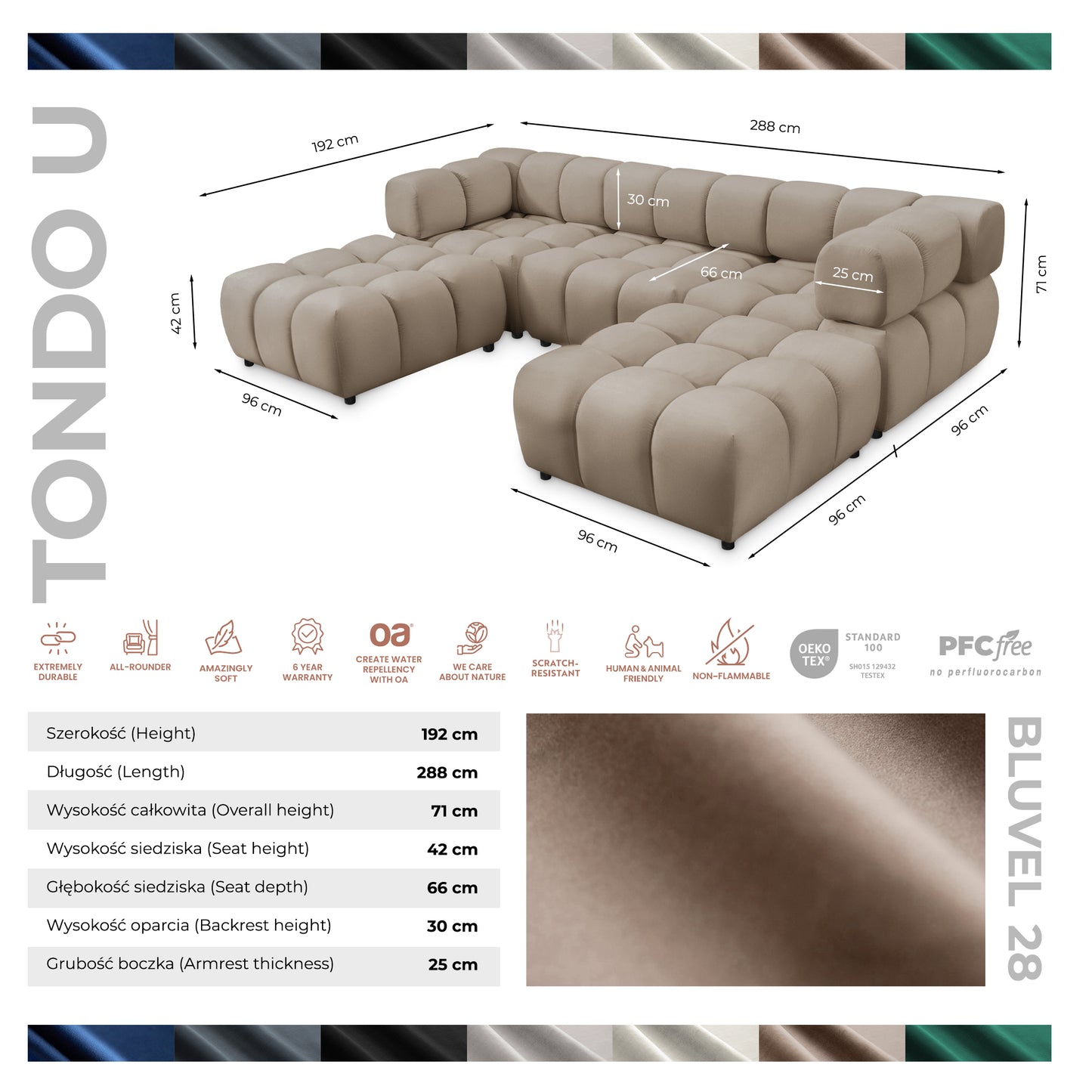 Exklusive Wohnlandschaft Tondo U 192x288 cm – Designersofa Samt Bluvel 28 Dunkelbeige – Modernes Bubble-Design & HR-Schaum Komfort