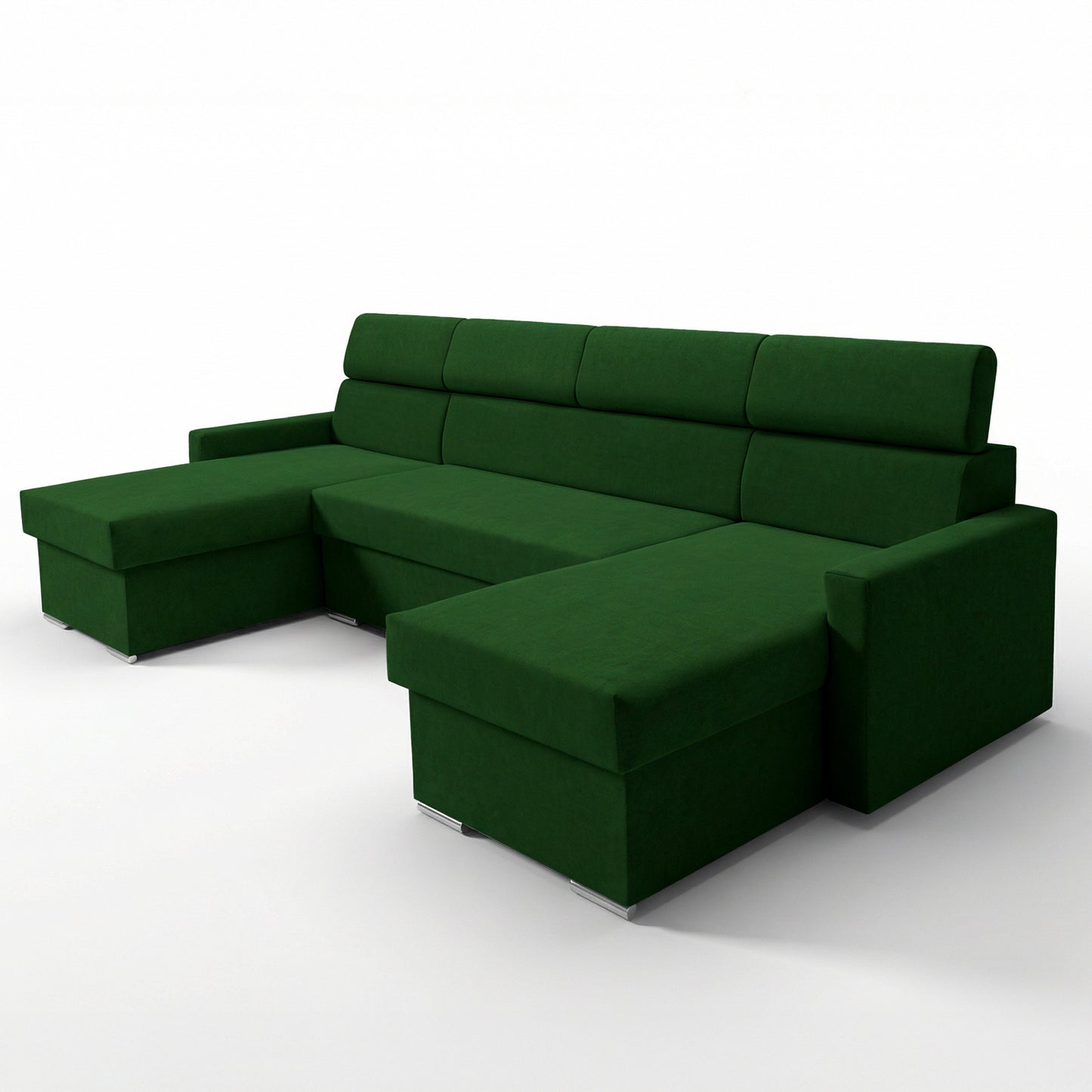 Vega U Ecksofa nach Maß | Breite anpassbar | Schlaffunktion 2 Bettkasten U-Form verstellbare Kopfstützen Samt-Stoff Best 305x151 cm (Flaschengrün)