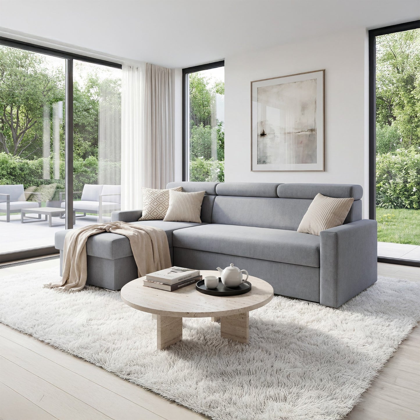 Ecksofa Vega L mit Schlaffunktion & Bettkasten – Samtstoff Best Grau – Zero-Wall Design Wandbündig – L-Form Sofa Freistehend