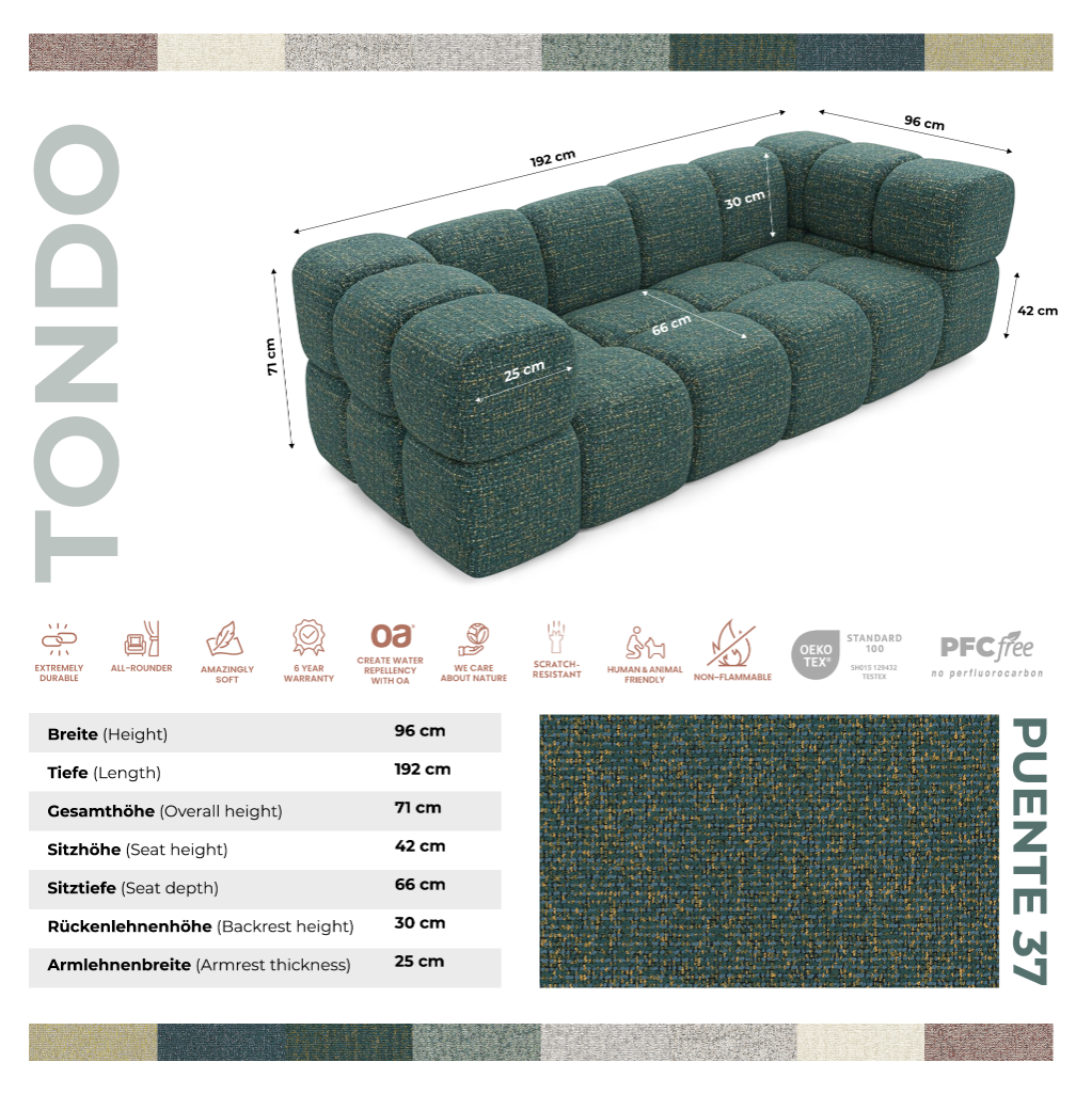 Design-Sofa 3-Sitzer TONDO PUENTE 37 – Strukturgewebe in Bouclé-Optik – gewelltes Design – Grün