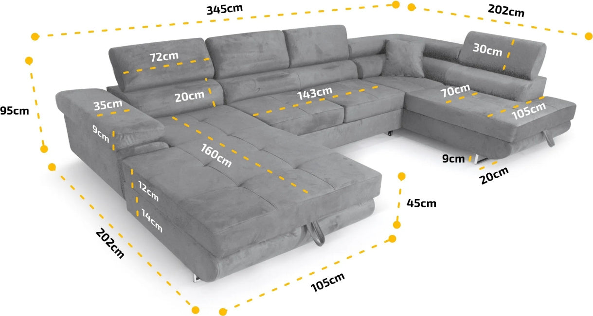 Sofiland Aller XXL U-Form Ecksofa links mit Schlaffunktion, Couchgarnitur mit 2 Bettkästen, Wohnzimmersofa Hellgrau MONOLITH 84, Sofa, Bettsofa, Couch