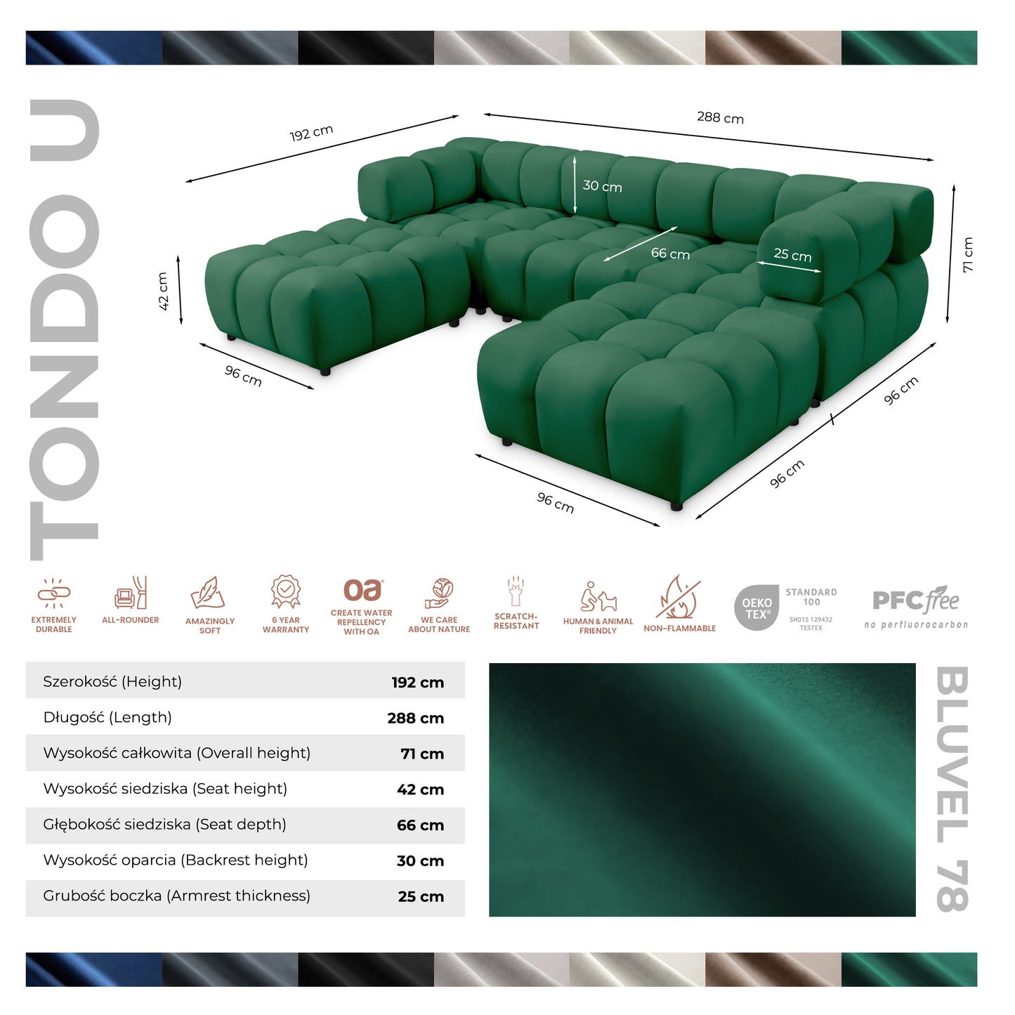 Exklusive Wohnlandschaft Tondo U 192x288 cm – Designer-Sofa Samt Bluvel 78 Dunkelgrün – Modernes Bubble-Design & HR-Schaum Komfort