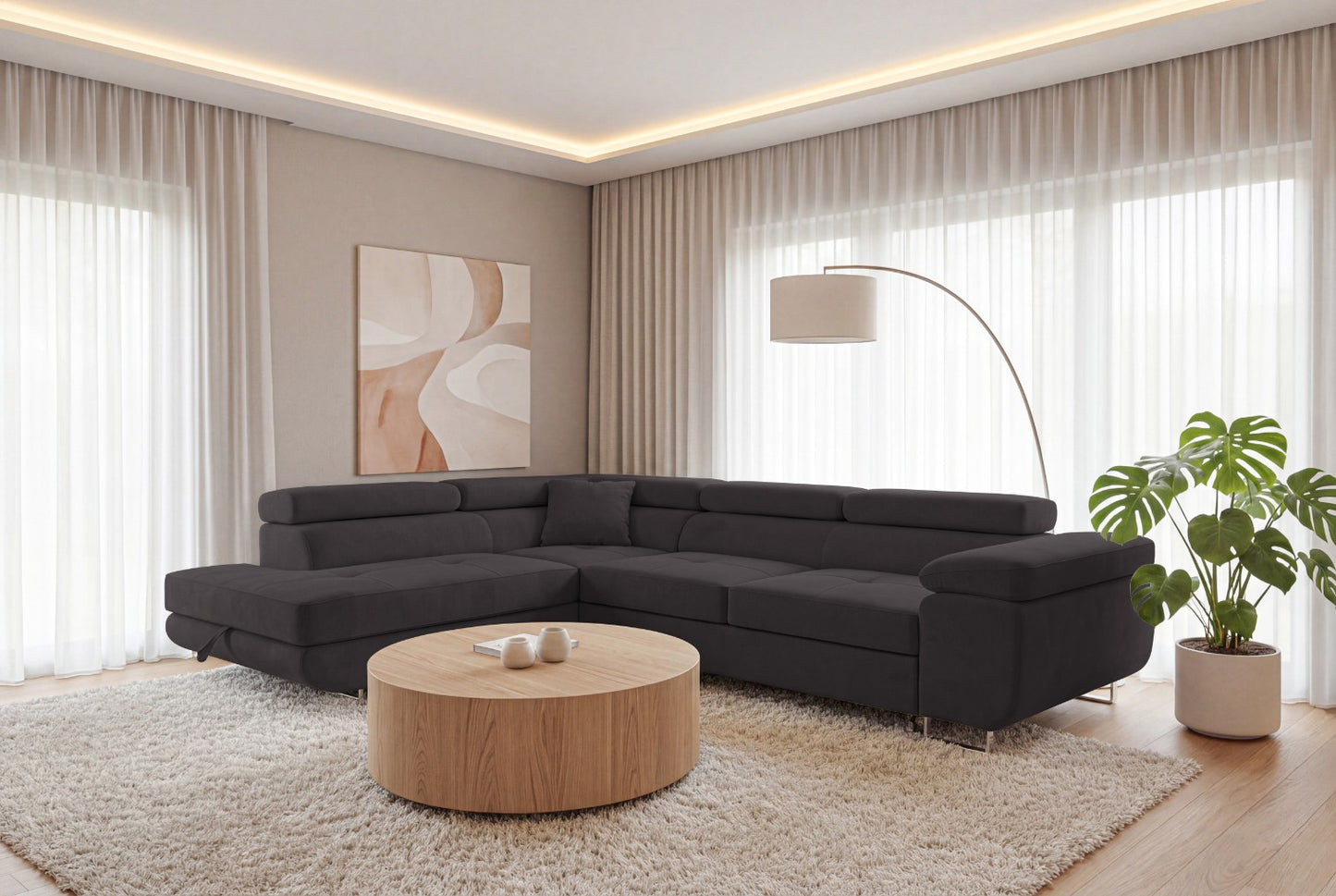 Ecksofa Luca L-Form Graphit Stoff Element 01 Linke Ottomane mit Schlaffunktion & Bettkasten