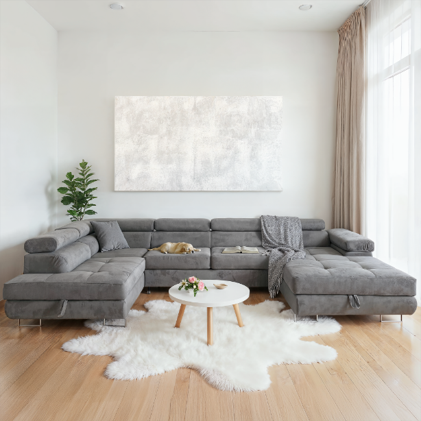 Sofiland Aller XXL U-Form Ecksofa links mit Schlaffunktion, Couchgarnitur mit 2 Bettkästen, Wohnzimmersofa Hellgrau MONOLITH 84, Sofa, Bettsofa, Couch