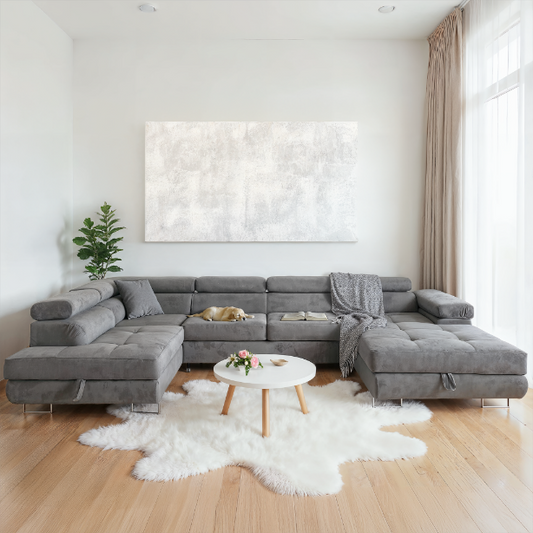 Sofiland Aller XXL U-förmiges Ecksofa, linke Ausrichtung, mit Schlaffunktion, Couchgarnitur mit 2 Bettkästen, Wohnzimmersofa Hellgrau MONOLITH 84, Sofa, Bettsofa, Couch