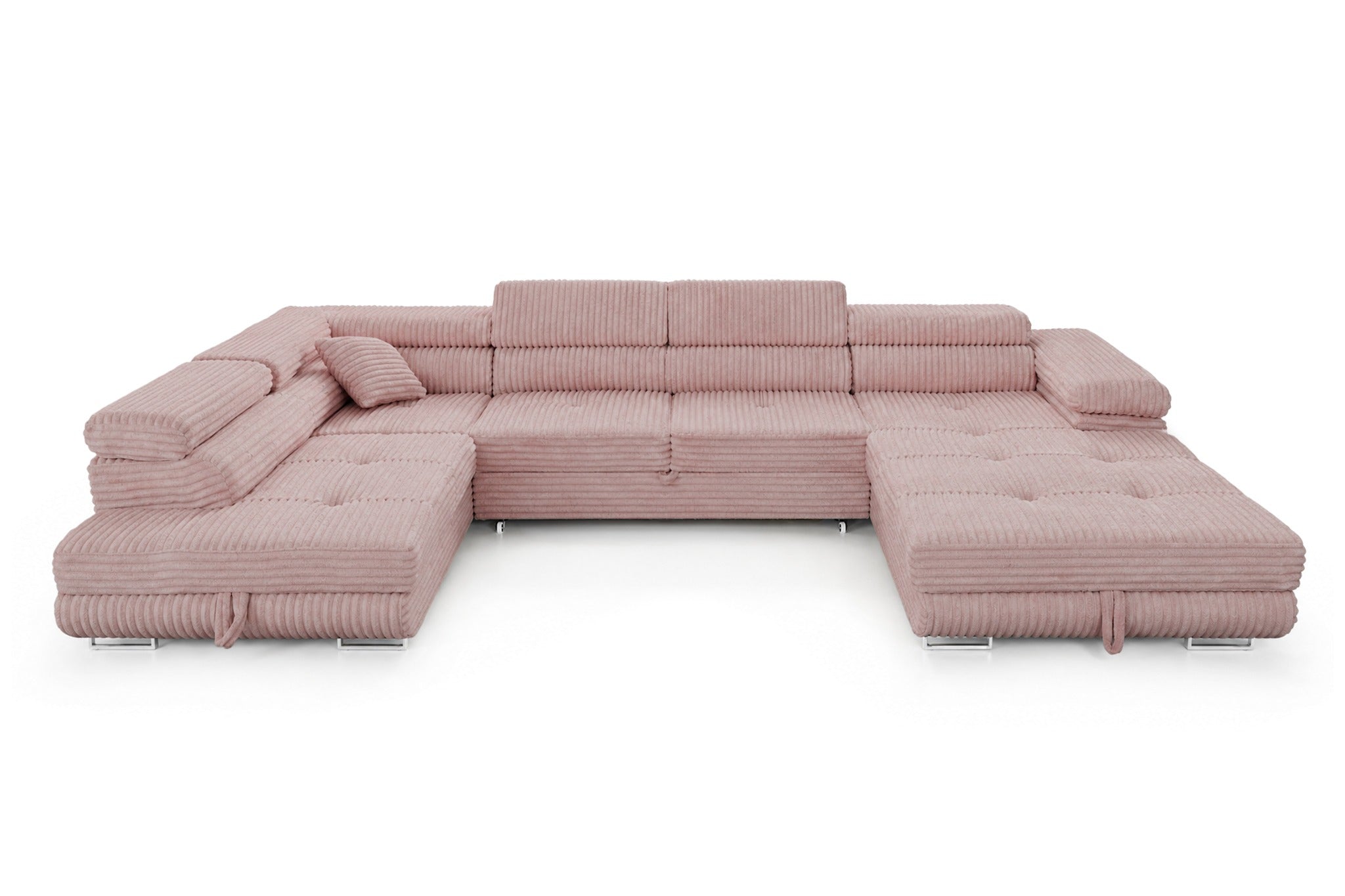 Wohnlandschaft Cordo U XXL U-Form Sofa mit Schlaffunktion & 2 Bettkästen – Breitcord Tilia Altrosa– Ottomane Links
