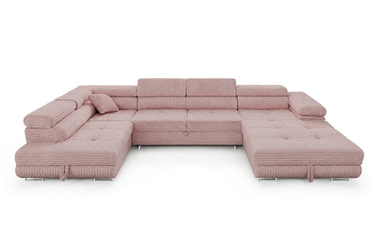 Wohnlandschaft Cordo U XXL U-förmiges Sofa mit Schlaffunktion & 2 Bettkästen – Breitcord Tilia Altrosa – Ottomane Links
