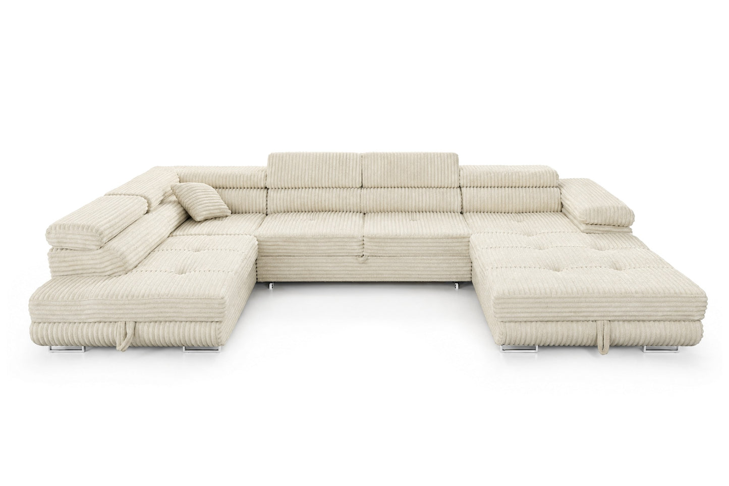Wohnlandschaft Cordo U XXL U-förmiges Sofa mit Schlaffunktion & 2 Bettkästen – Breitcord Tilia Creme – Ottomane links