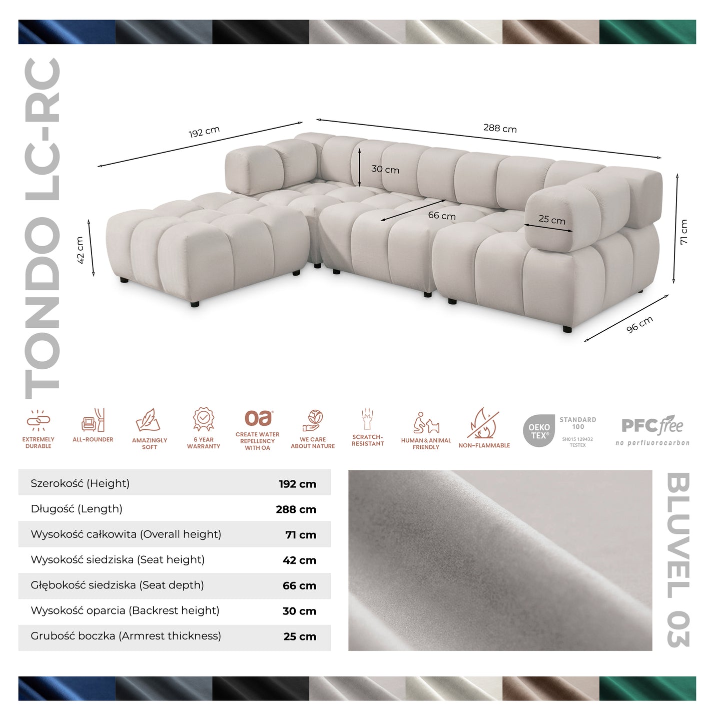 Ecksofa TONDO LC/RC 192x288cm Bluvel 03 Hellgrau