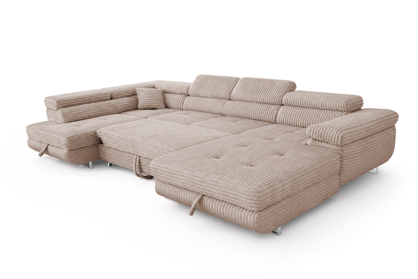 Wohnlandschaft Cordo U XXL U-Form Sofa mit Schlaffunktion & 2 Bettkästen – Breitcord Tilia Beige – Ottomane Links