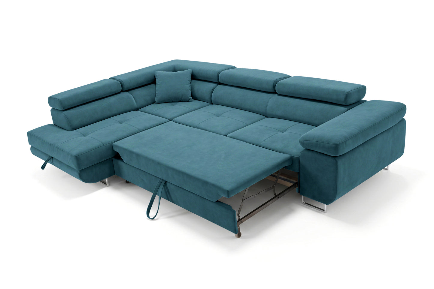Ecksofa Luca L-Form Türkis Stoff Element 14 Links Ottomane mit Schlaffunktion & Bettkasten