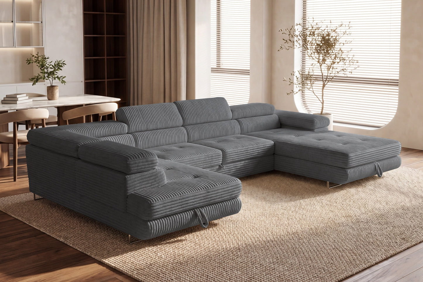 Wohnlandschaft Cordo U XXL U-Form Sofa mit Schlaffunktion & 2 Bettkästen – Breitcord Tilia Grau– Ottomane Links
