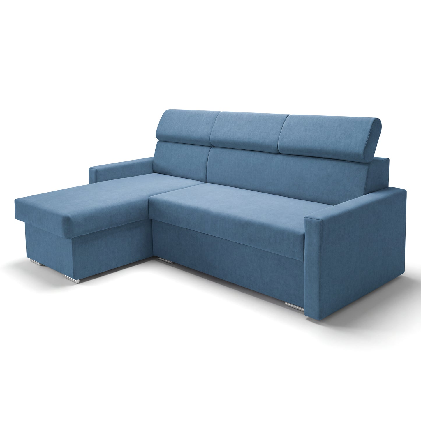 Ecksofa Vega L mit Schlaffunktion & Bettkasten – Samtstoff Best Blau – Zero-Wall Design Wandbündig – L-Form Sofa Freistehend