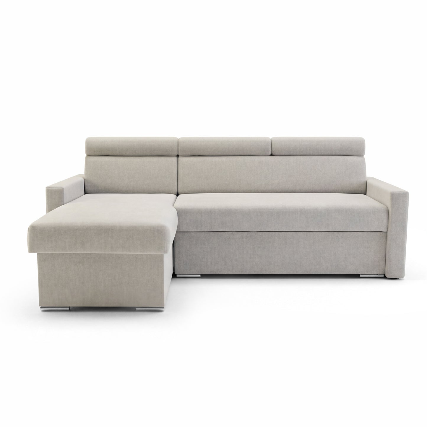 Ecksofa Vega L mit Schlaffunktion & Bettkasten – Samtstoff Best Hellbeige – Zero-Wall Design Wandbündig – L-Form Sofa Freistehend