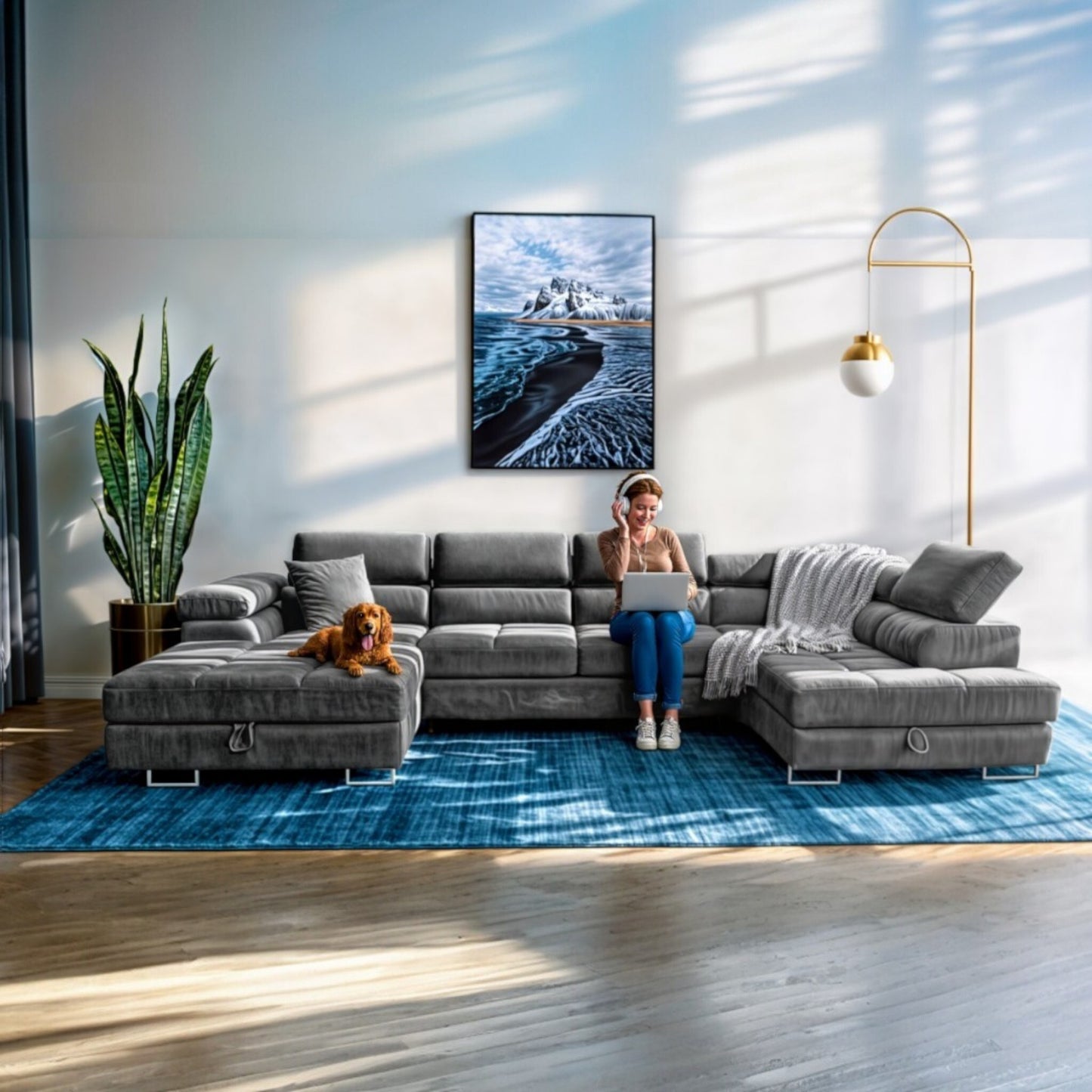 Sofiland Aller XXL U-förmiges Ecksofa rechts mit Schlaffunktion, Couchgarnitur mit 2 Bettkästen, Wohnzimmersofa Hellgrau MONOLITH 84, Sofa, Schlafsofa