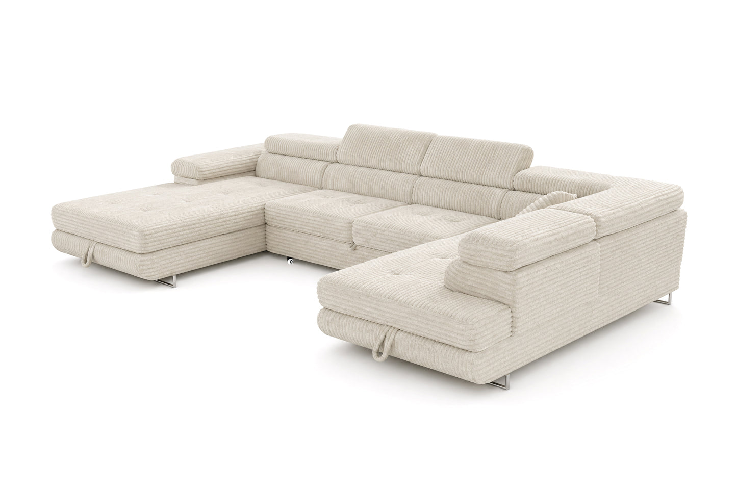 Wohnlandschaft Cordo U XXL U-Form Sofa mit Schlaffunktion & 2 Bettkästen – Breitcord Tilia Creme – Ottomane Rechts