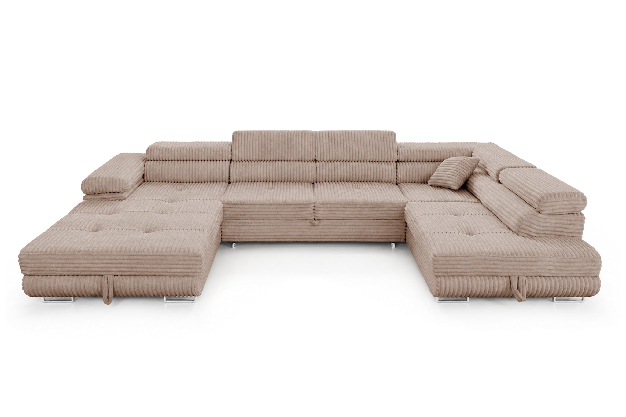 Wohnlandschaft Cordo U XXL U-förmiges Sofa mit Schlaffunktion & 2 Bettkästen – Breitcord Tilia Beige – Ottomane Rechts