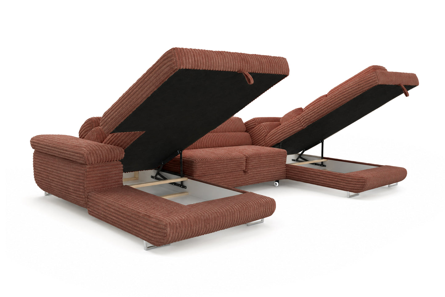 Wohnlandschaft Cordo U XXL U-Form Sofa mit Schlaffunktion & 2 Bettkästen – Breitcord Tilia Terrakotta – Ottomane rechts