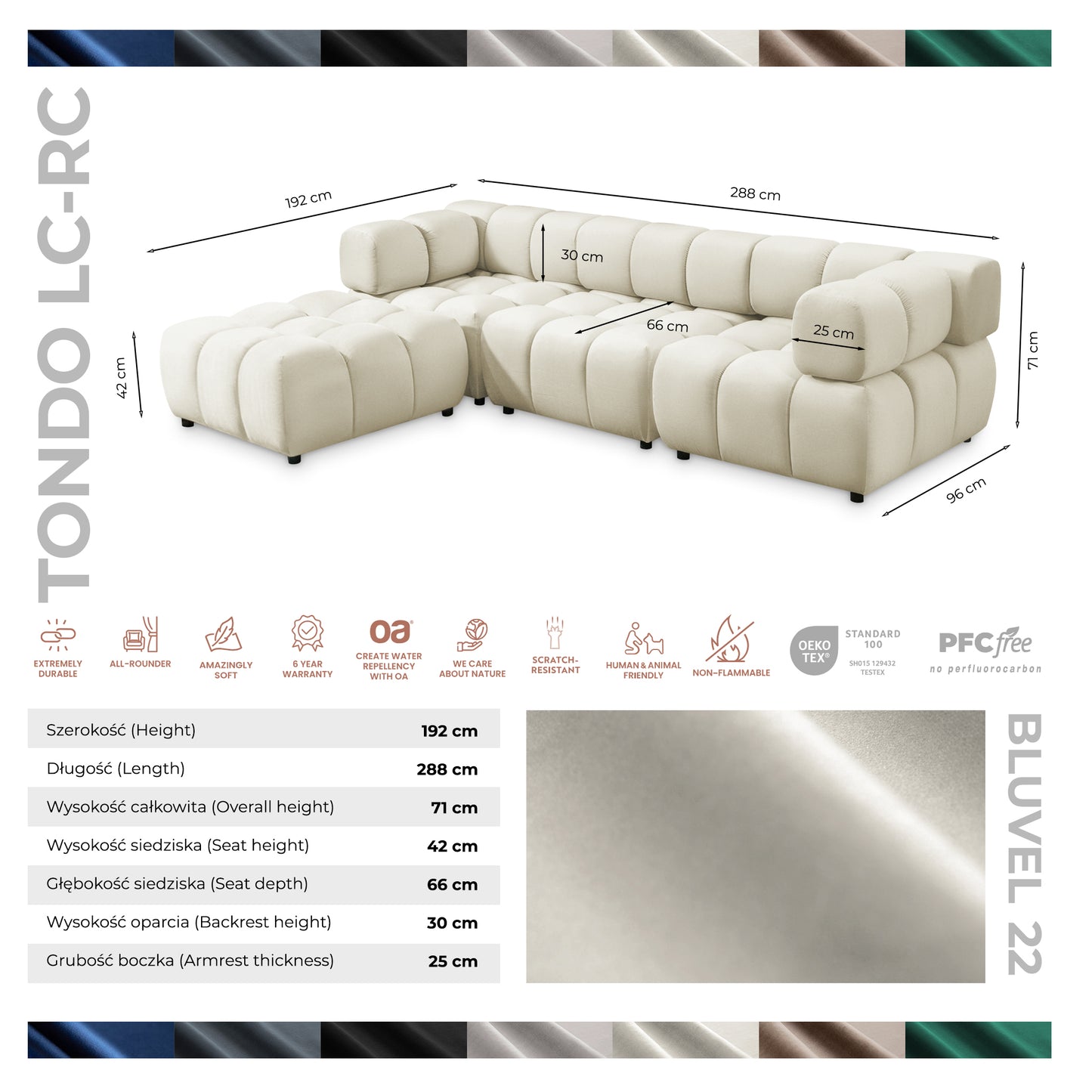 Ecksofa TONDO LC/RC 192x288cm Bluvel 22 Beige