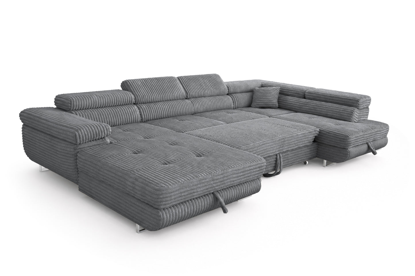 Wohnlandschaft Cordo U XXL U-Form Sofa mit Schlaffunktion & 2 Bettkästen – Breitcord Tilia Grau – Ottomane Rechts
