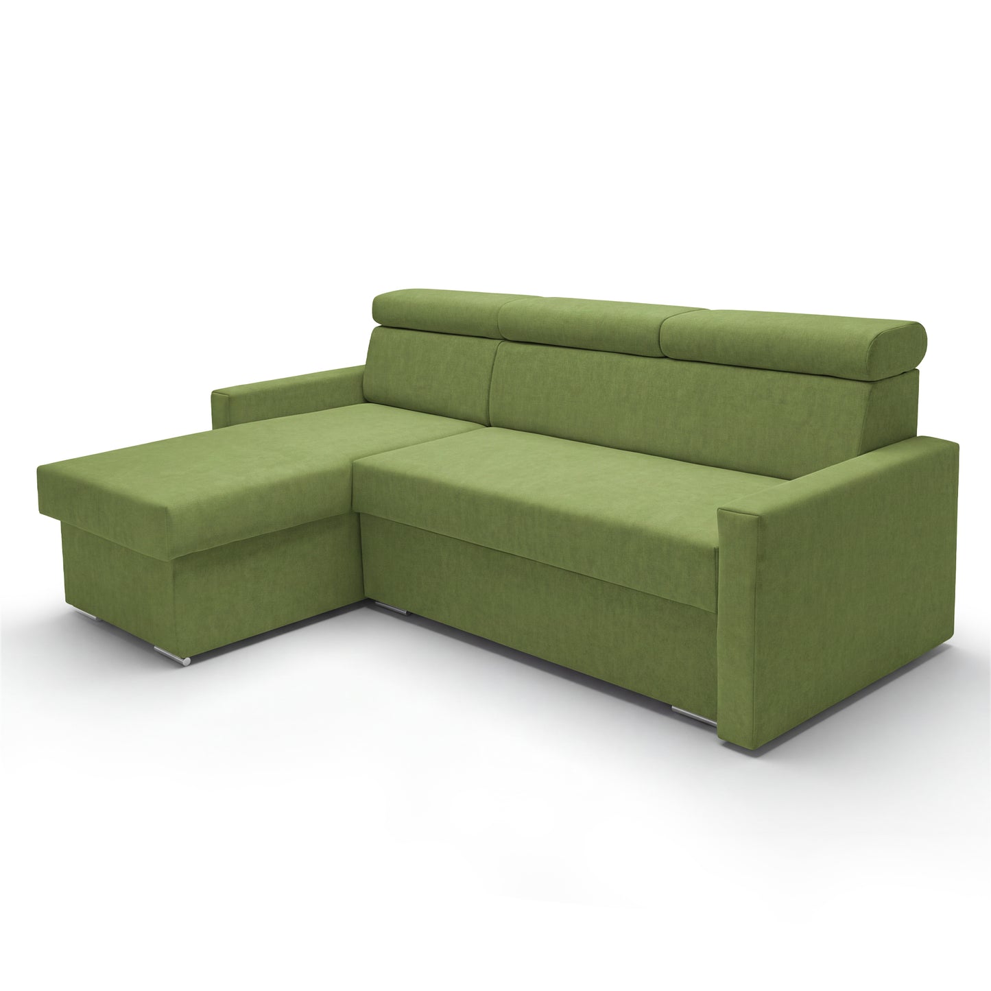 Ecksofa Vega L mit Schlaffunktion & Bettkasten – Samtstoff Best Grün– Zero-Wall Design Wandbündig – L-Form Sofa Freistehend