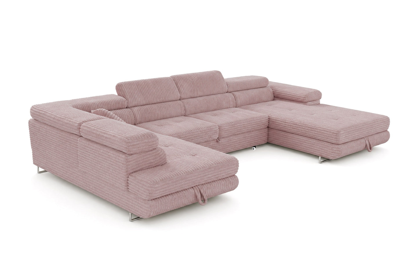 Wohnlandschaft Cordo U XXL U-Form Sofa mit Schlaffunktion & 2 Bettkästen – Breitcord Tilia Altrosa– Ottomane Links