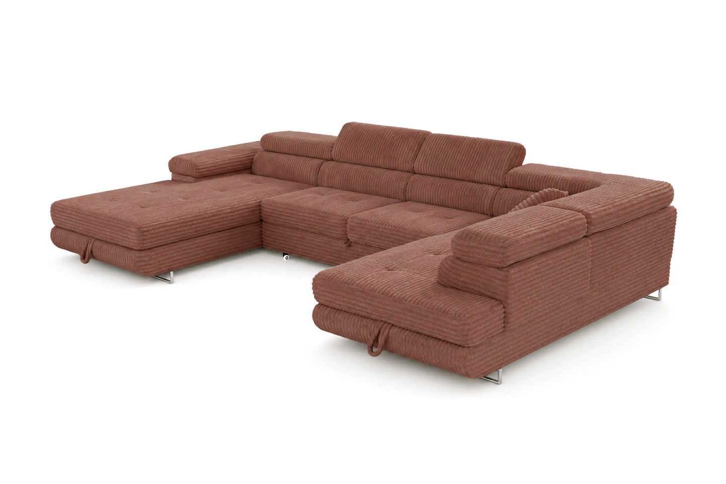 Wohnlandschaft Cordo U XXL U-Form Sofa mit Schlaffunktion & 2 Bettkästen – Breitcord Tilia Terrakotta – Ottomane rechts