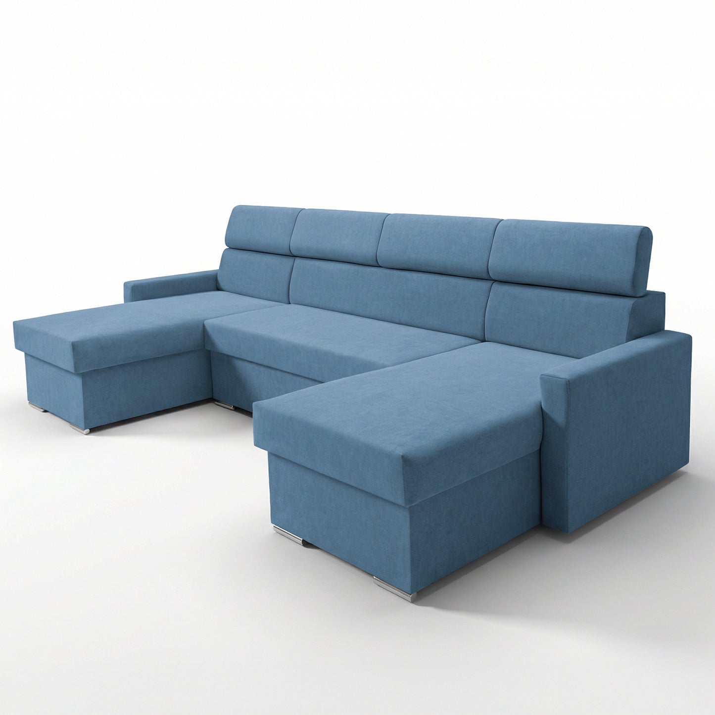 Vega U Ecksofa nach Maß | Breite anpassbar | Schlaffunktion 2 Bettkasten U-Form verstellbare Kopfstützen Samt-Stoff Best 305x151 cm (Blau)