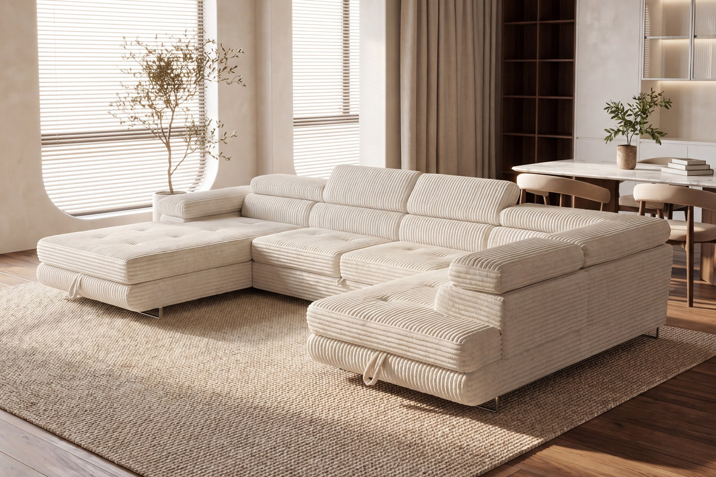 Wohnlandschaft Cordo U XXL U-Form Sofa mit Schlaffunktion & 2 Bettkästen – Breitcord Tilia Creme – Ottomane Rechts
