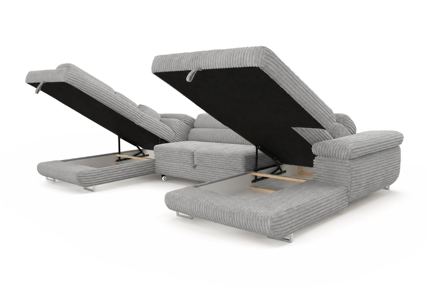 Wohnlandschaft Cordo U XXL U-Form Sofa mit Schlaffunktion & 2 Bettkästen – Breitcord Tilia Hellgrau – Ottomane Links