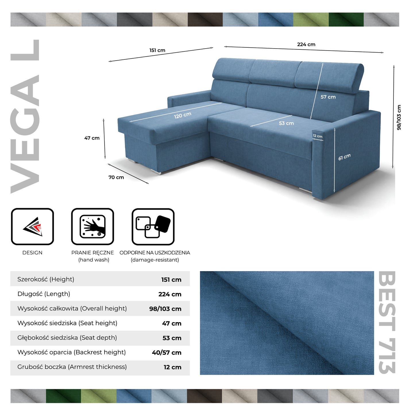 Ecksofa Vega L mit Schlaffunktion & Bettkasten – Samtstoff Best Blau – Zero-Wall Design Wandbündig – L-Form Sofa Freistehend