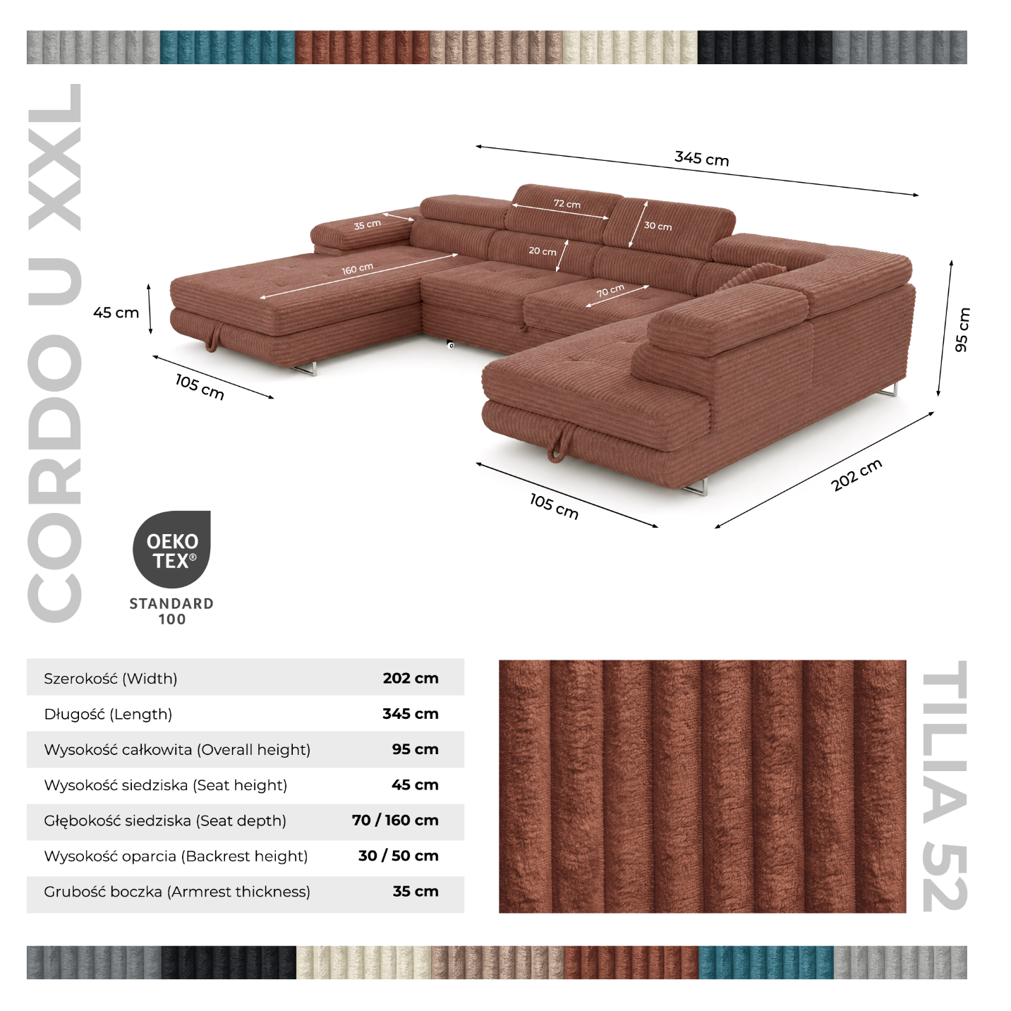 Wohnlandschaft Cordo U XXL U-Form Sofa mit Schlaffunktion & 2 Bettkästen – Breitcord Tilia Terrakotta – Ottomane rechts