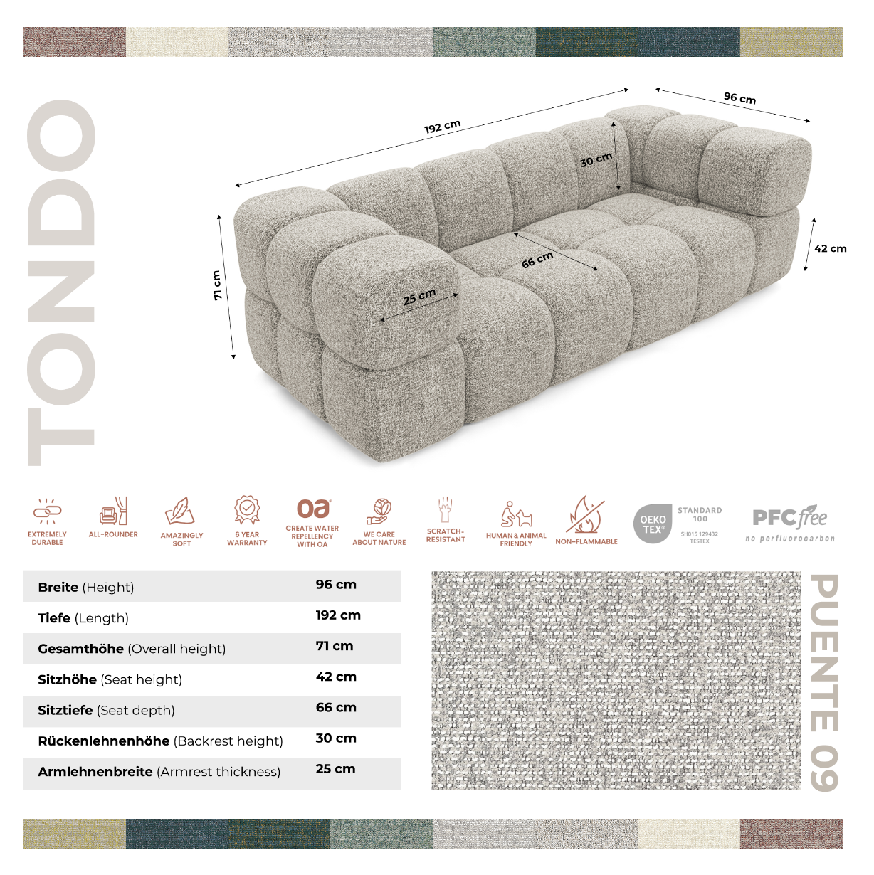 Designer-Sofa 3-Sitzer TONDO PUENTE 09 – Strukturstoff in Bouclé-Optik – Wellenförmiges Design – Hellgrau