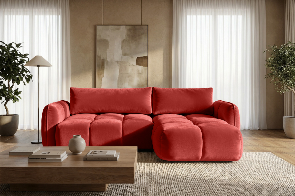 Ecksofa BELVEO mit Schlaffunktion und Bettkasten L-Form Ausrichtung Rechts Stoff Bluvel 59 Rot